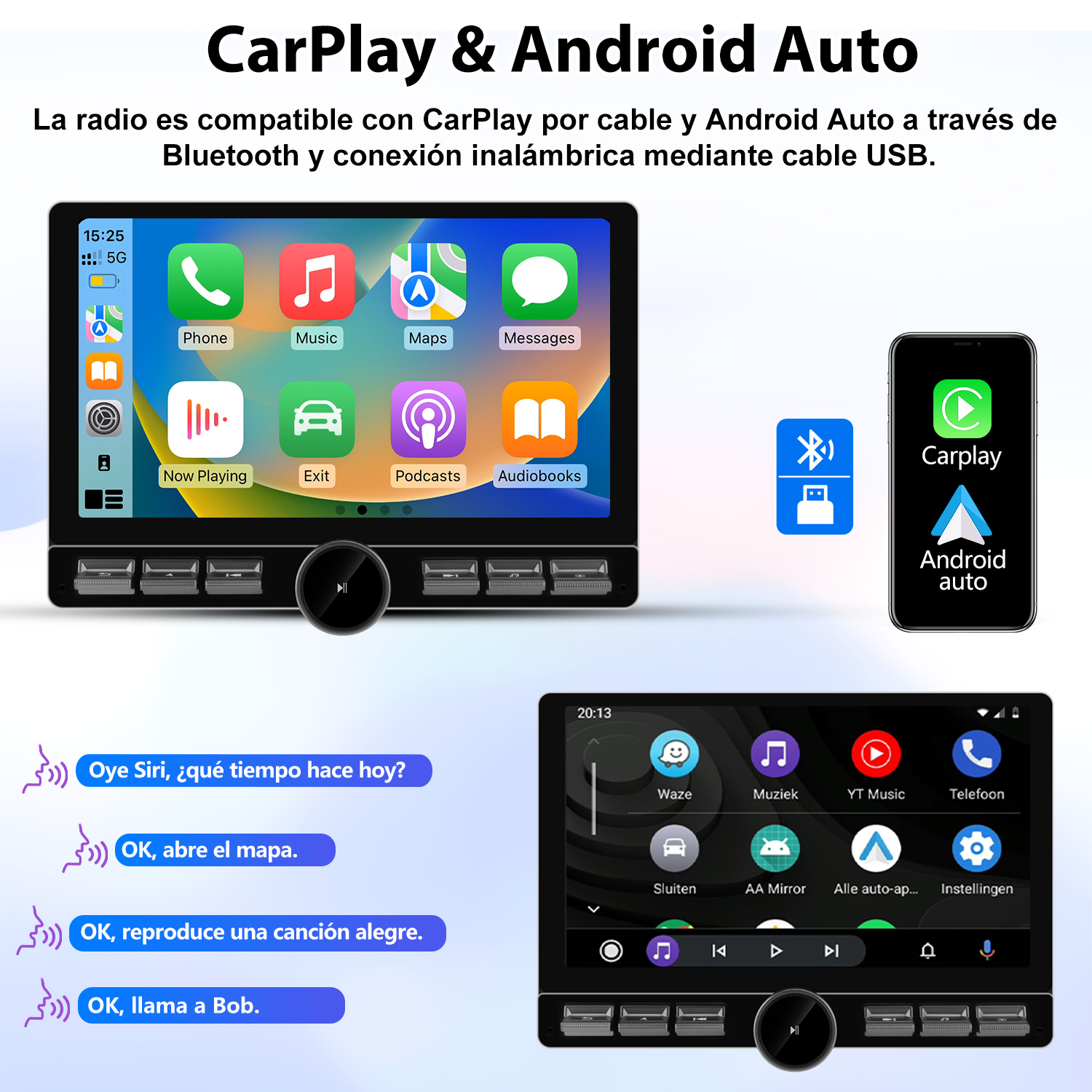 Interfaz CarPlay y Android Auto en la pantalla de una radio de coche, mostrando iconos de aplicaciones y opciones de control por voz. Un teléfono muestra CarPlay.