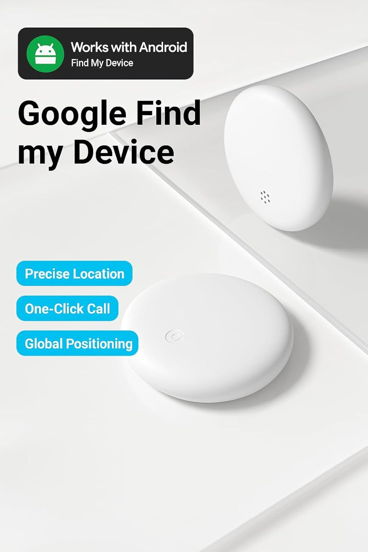 La imagen muestra dos dispositivos circulares blancos, el logotipo de Google Find My Device y características como ubicación precisa.