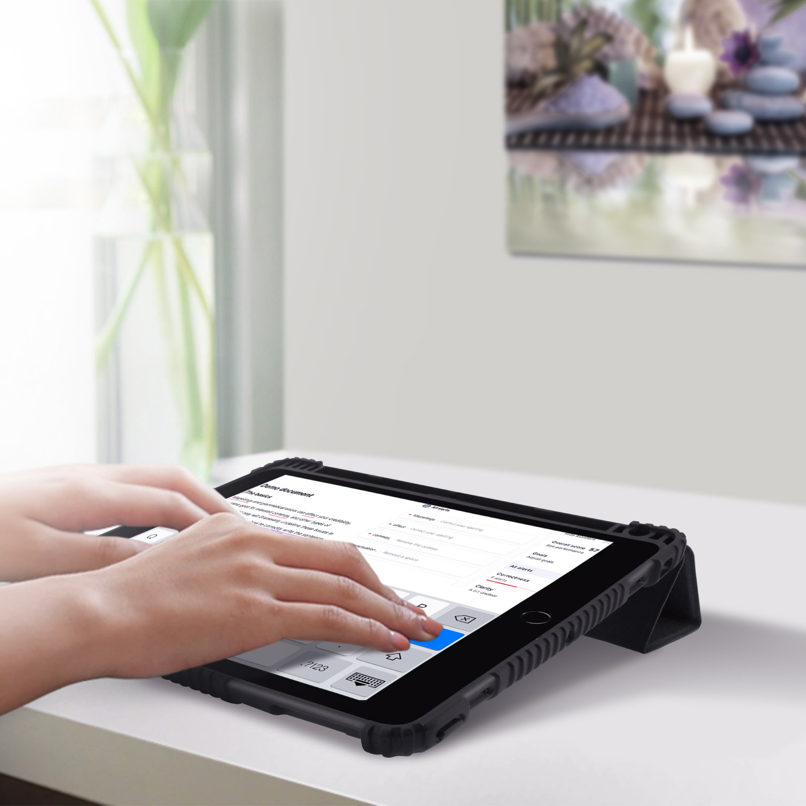 Mani che usano un tablet su un tavolo bianco. Lo schermo mostra testo. Un vaso e un dipinto sono sullo sfondo.