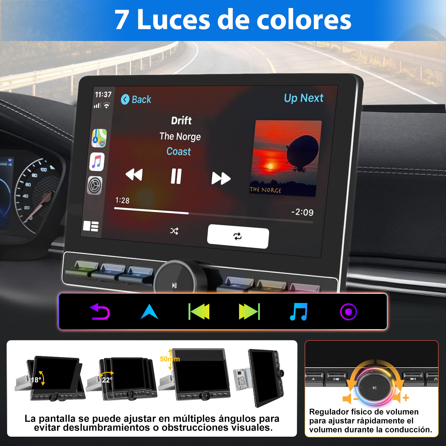Pantalla del sistema multimedia del coche. Muestra controles de música y una portada de canción. Incluye mando de volumen y ángulos de pantalla ajustables.