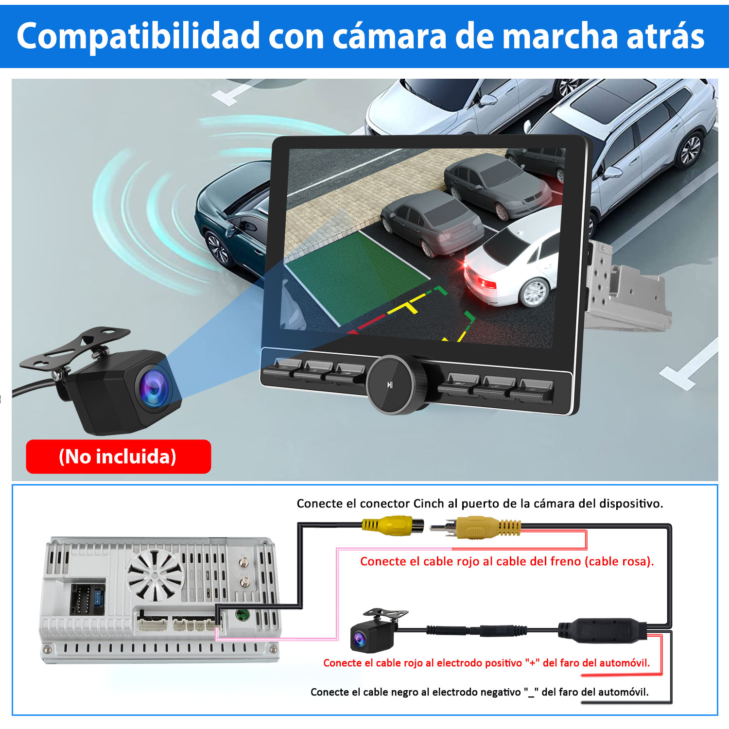 La imagen muestra un sistema de cámara para automóvil con instrucciones de cableado y una pantalla que muestra una vista trasera. El texto está en español.