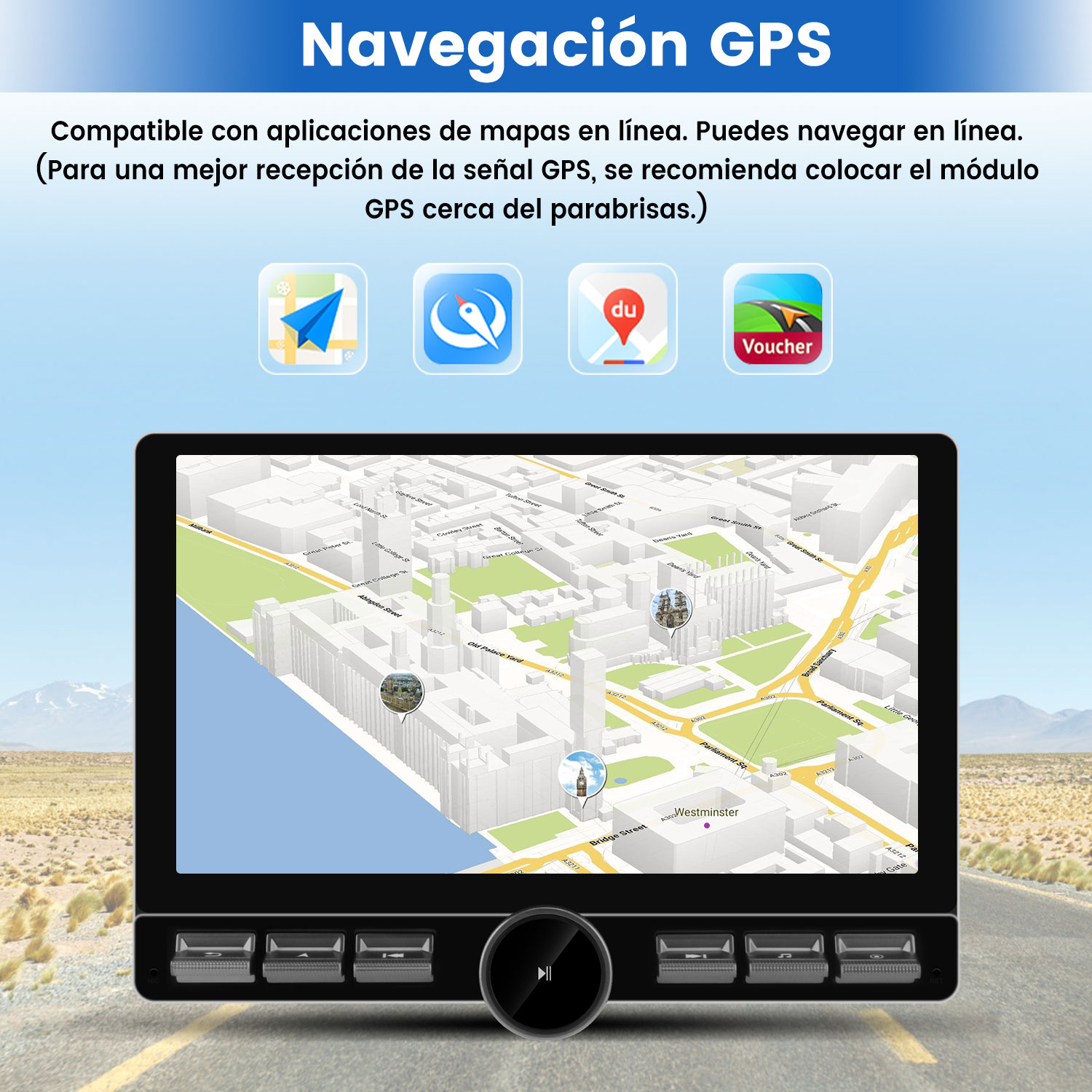 Pantalla de navegación GPS que muestra un mapa de Westminster. La pantalla está en el salpicadero del coche con botones y un dial. Hay iconos encima.