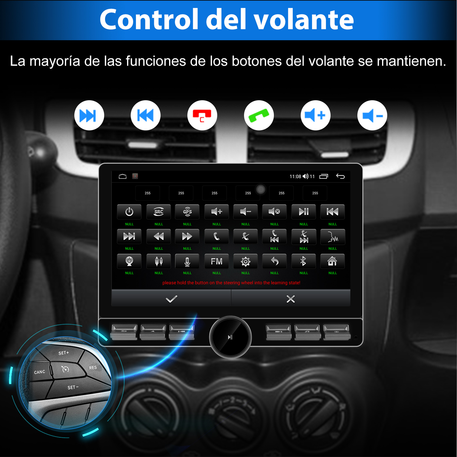 Panel del coche con pantalla mostrando opciones de control. Botones del volante y controles de pantalla visibles.