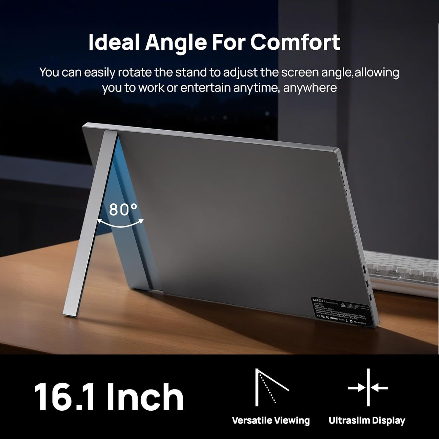 Una tableta gris está apoyada en un ángulo de 80 grados. El texto dice 'Ideal Angle For Comfort'. Se muestran 'Versatile Viewing' y 'Ultraslim Display'.
