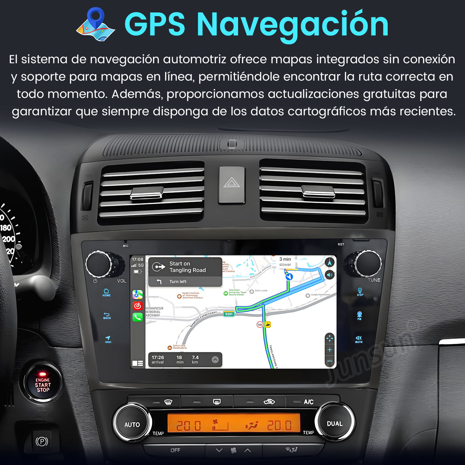 Panel del coche con navegación GPS. La pantalla muestra un mapa. Botones de volumen, inicio, atrás y navegación son visibles.