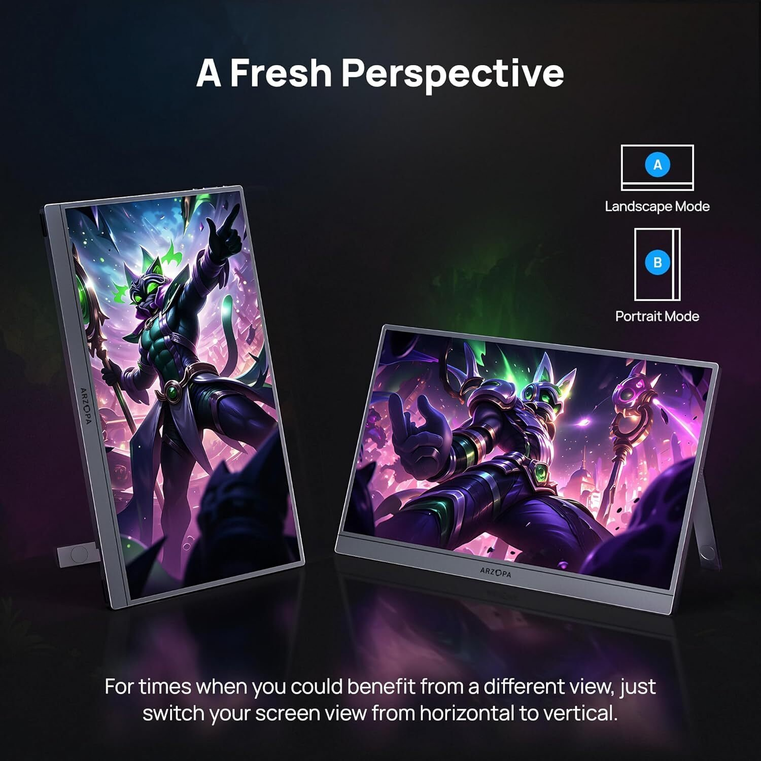Dos monitores muestran un personaje de fantasía. Uno en modo horizontal, el otro vertical. Texto: 'A Fresh Perspective' y modos.