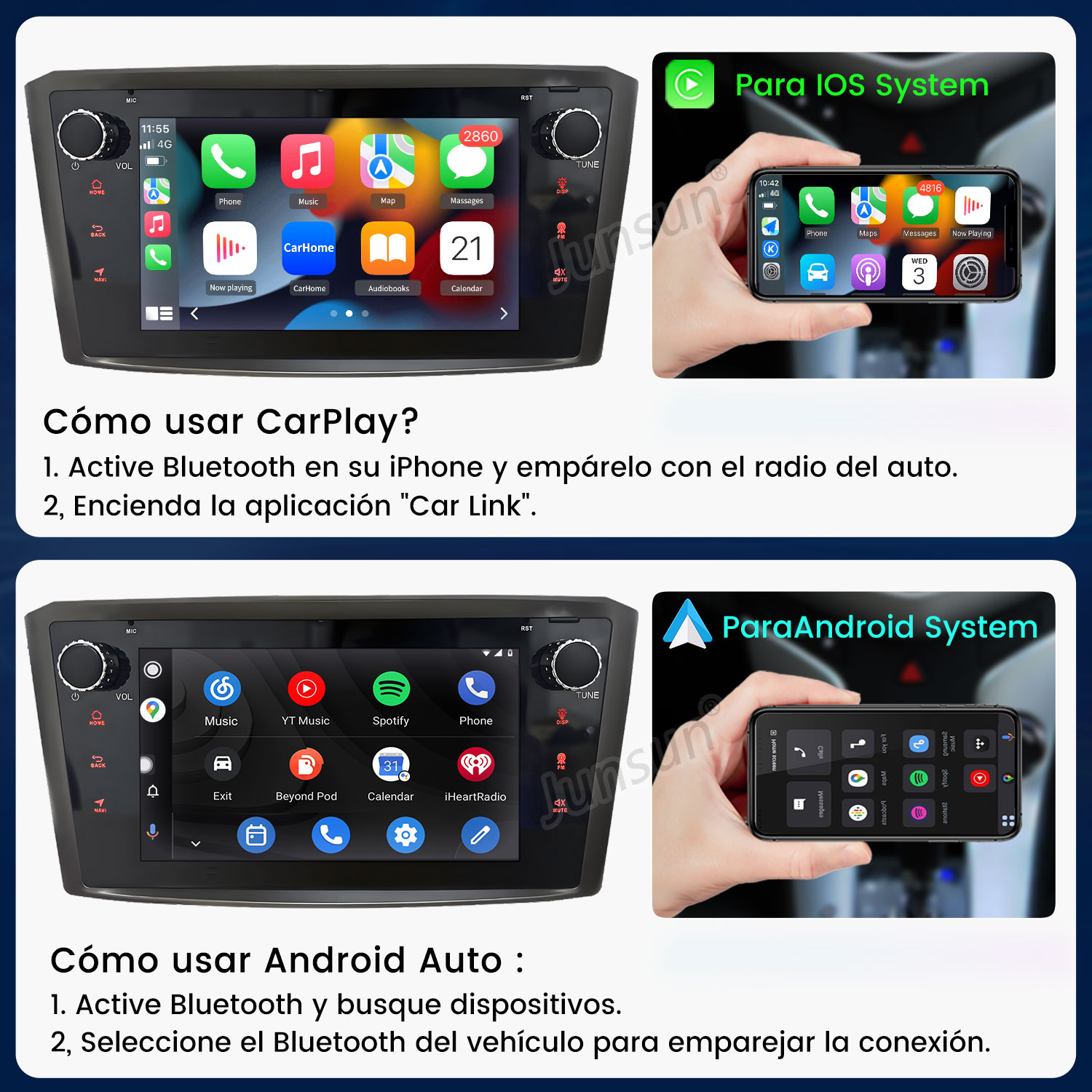 Pantalla del sistema de audio del coche que muestra iconos de aplicaciones, pantalla de teléfono en la mano para iOS y Android.