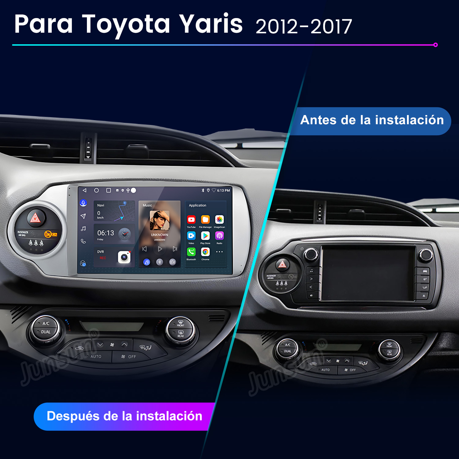 Comparación interior del coche: antes y después de instalar un sistema multimedia. Muestra el salpicadero, incluyendo la pantalla, botones y ventilación.
