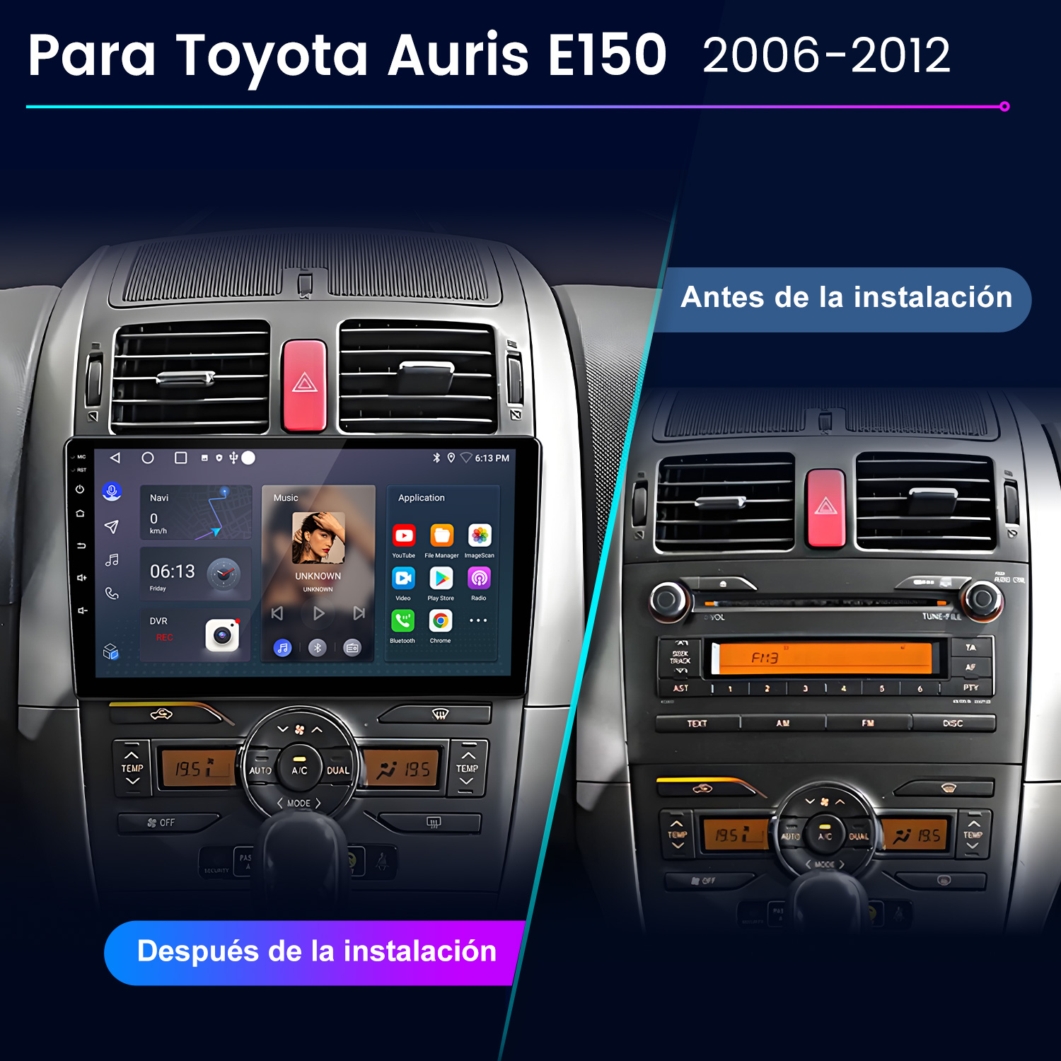Panel de coche con nuevo sistema multimedia instalado. Comparación antes y después de la instalación.