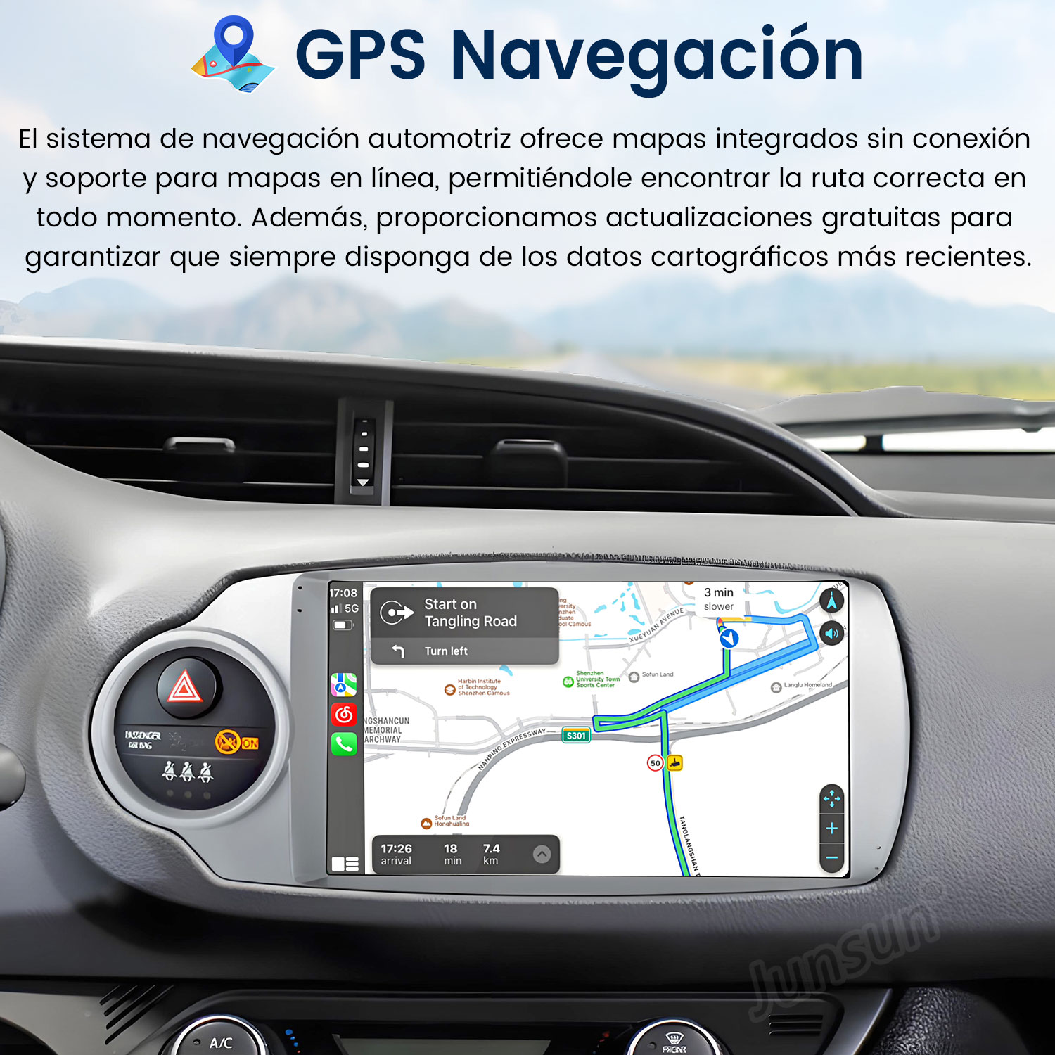Panel del coche con pantalla de navegación GPS que muestra un mapa de ruta, un indicador de airbag y algunos botones.