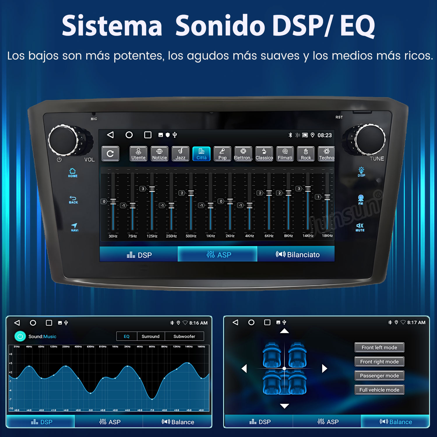 Interfaz del sistema de audio del coche con controles de ecualizador y balance. Muestra la configuración de música y modos de audio del coche.
