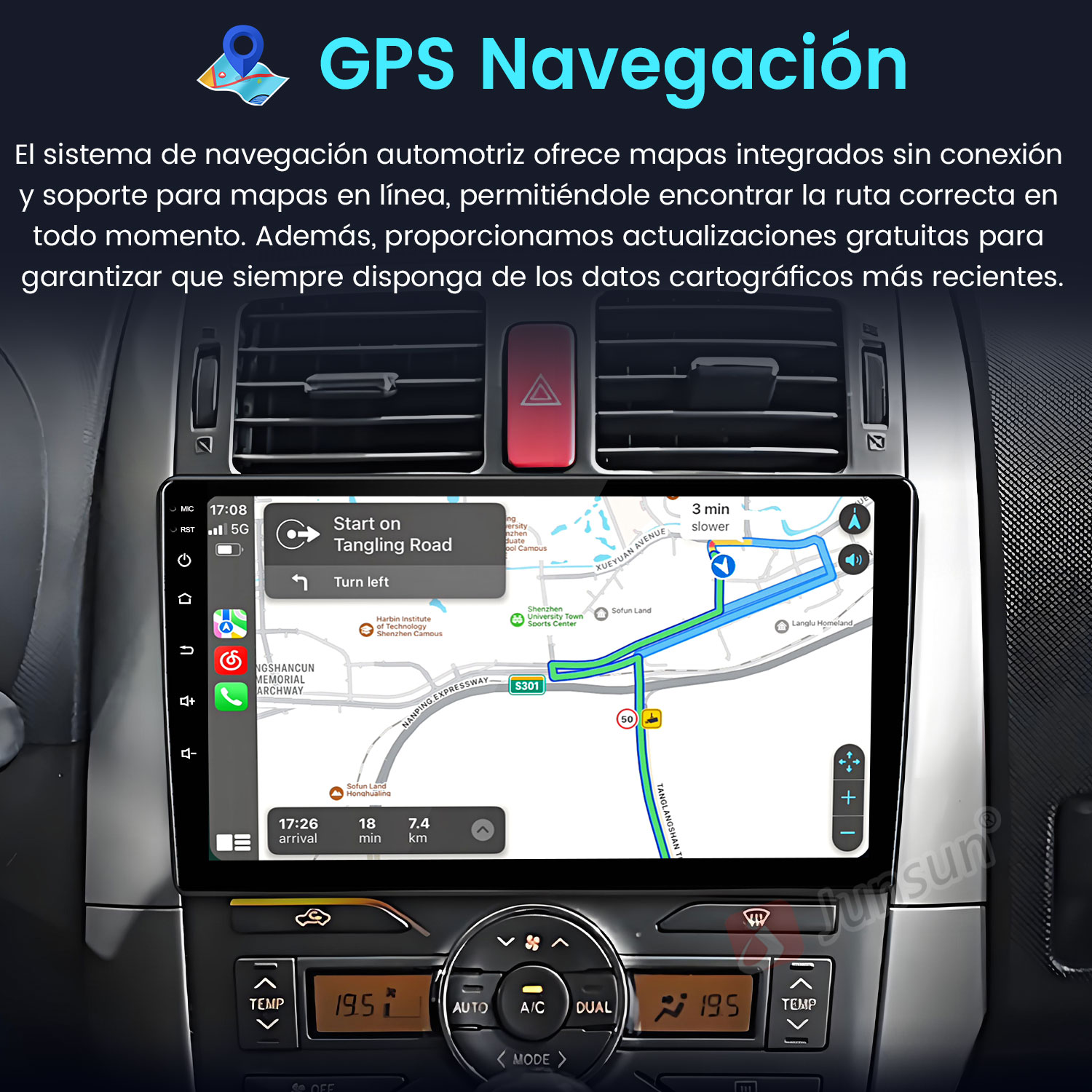 Panel del coche con pantalla de navegación GPS que muestra un mapa de ruta. Pantalla de temperatura a 19,5 grados.