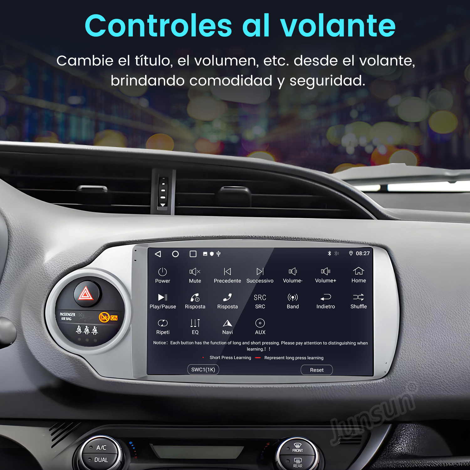 Panel del coche con pantalla, botones y controles. Incluye botón de luces de emergencia y controles de aire acondicionado.
