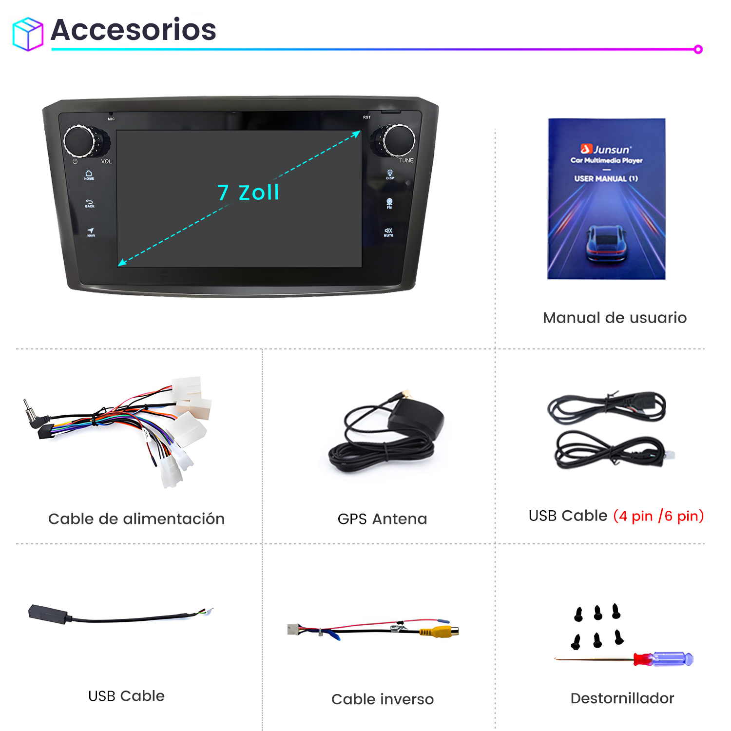 La imagen muestra accesorios de reproductor multimedia para automóvil: cables, antena GPS, manual del usuario y un destornillador.