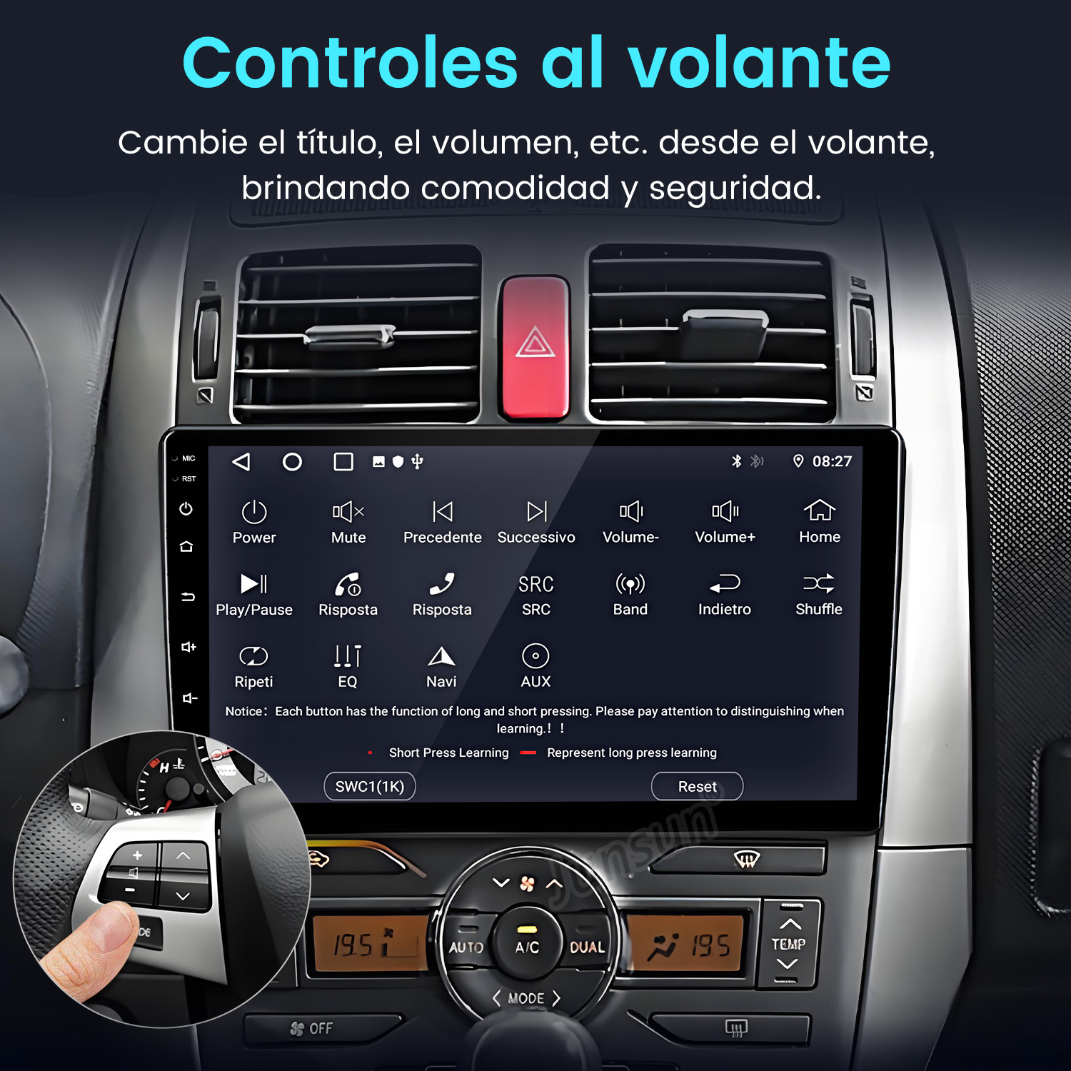 Panel del coche con pantalla digital. La pantalla muestra varias opciones de control. Una mano pulsa un botón en el volante.