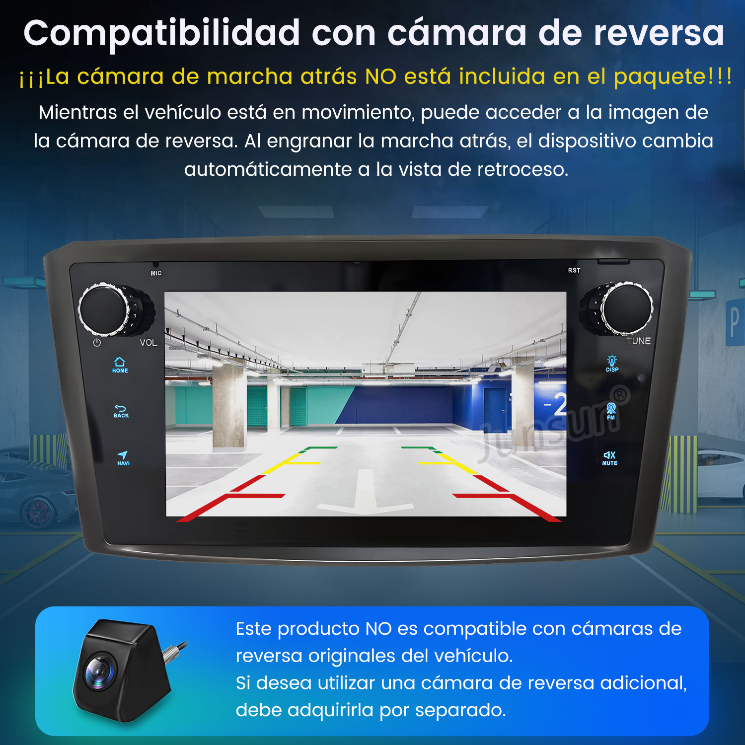 Pantalla de estéreo de coche mostrando la vista de un garaje. Se muestra una cámara de marcha atrás. El texto en español indica la compatibilidad.