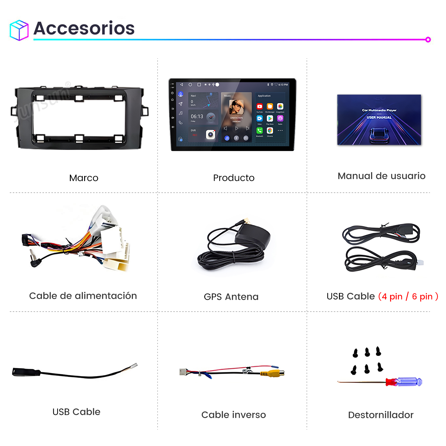 La imagen muestra accesorios multimedia para automóviles: Marco, Producto, Manual, Cable, Antena GPS, Cable USB, Cable USB, Cable inverso, Destornillador.