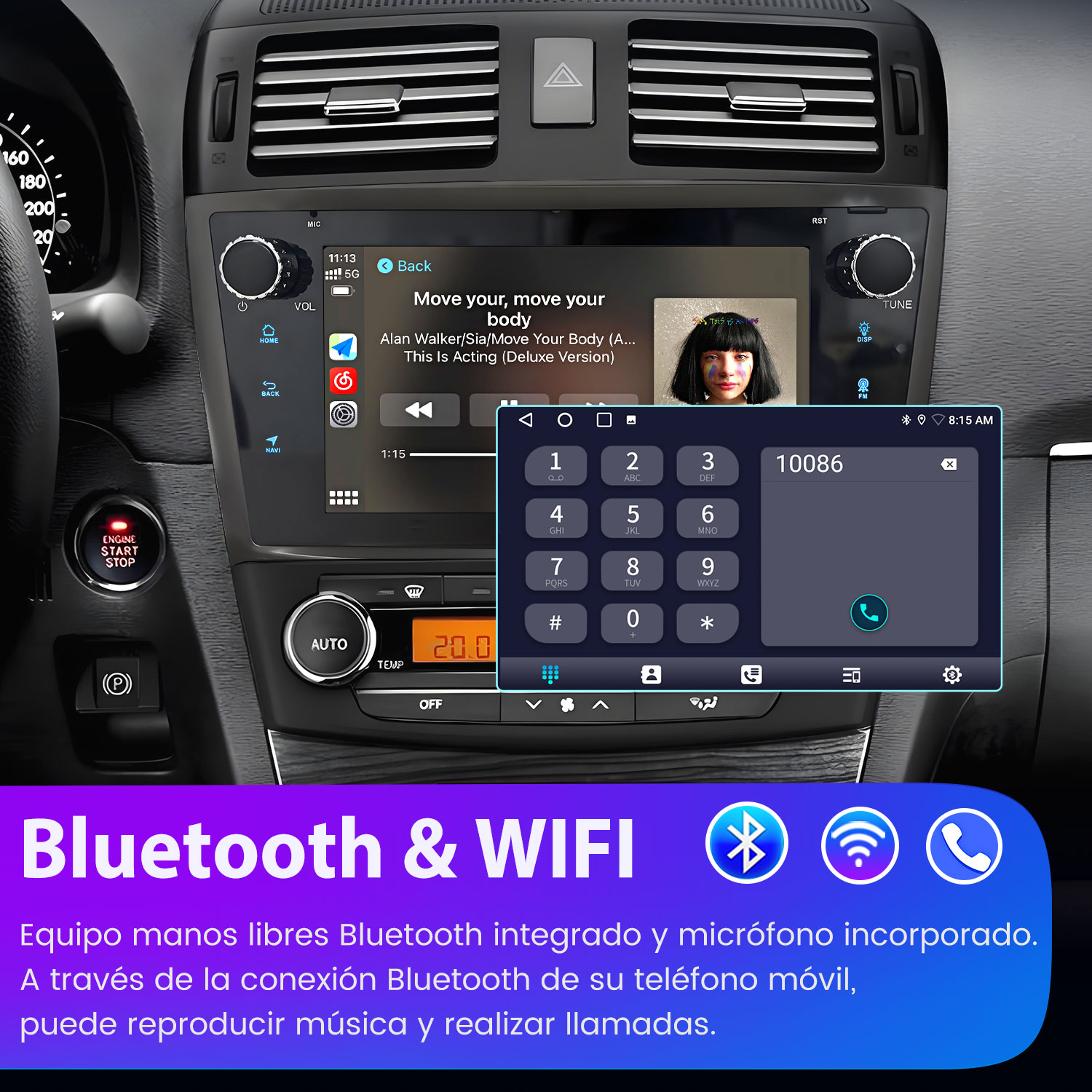 Panel del coche con pantalla de teléfono que muestra un teclado. La radio muestra una canción en reproducción y la hora. Se mencionan Bluetooth y WIFI.