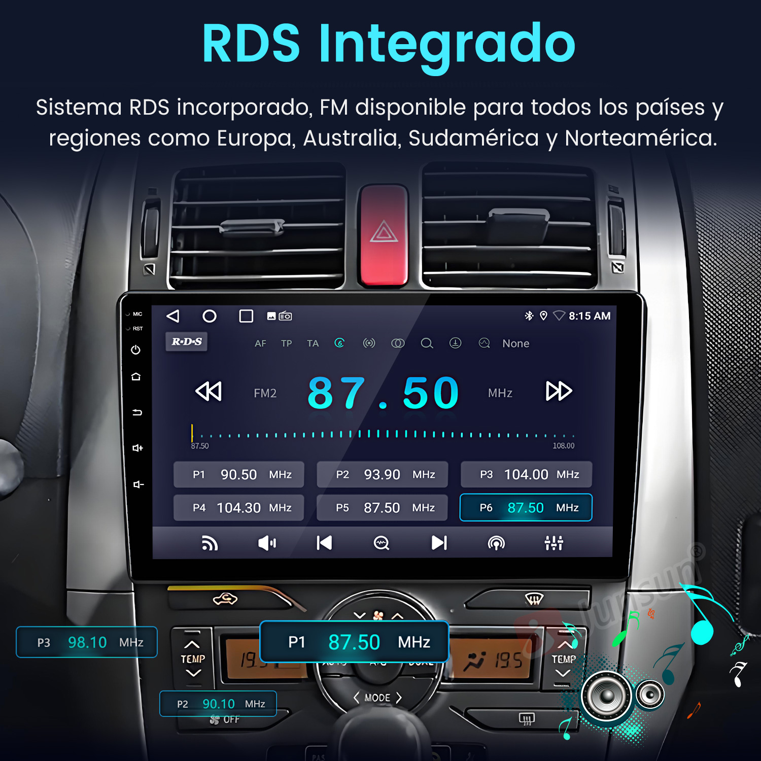 Pantalla de radio de coche muestra 87.50 MHz. Texto: RDS Integrado. Botones e iconos en la pantalla. El fondo es un salpicadero.
