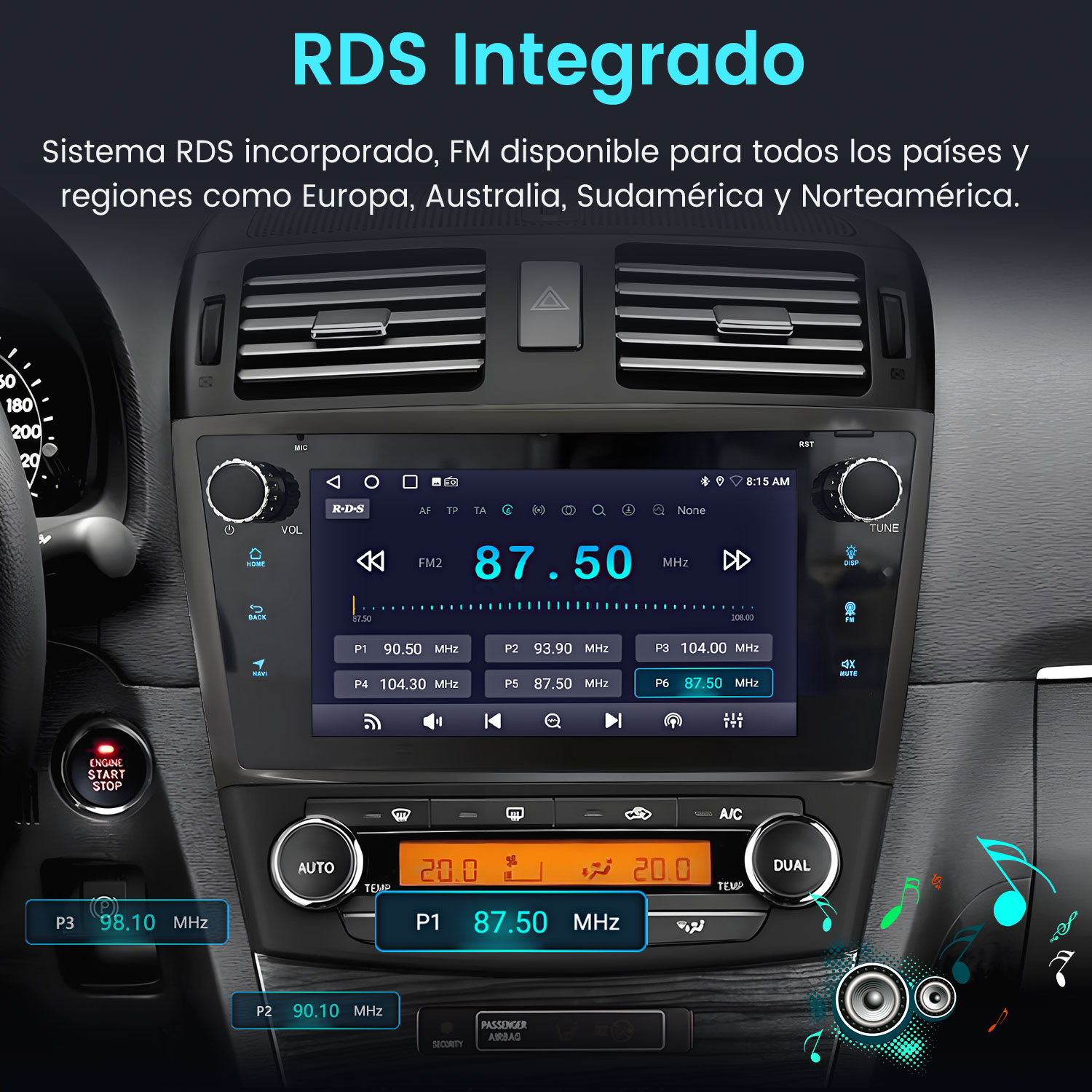 Panel de coche con RDS integrado. Pantalla muestra FM 87.50 MHz. Botones para funciones visibles.