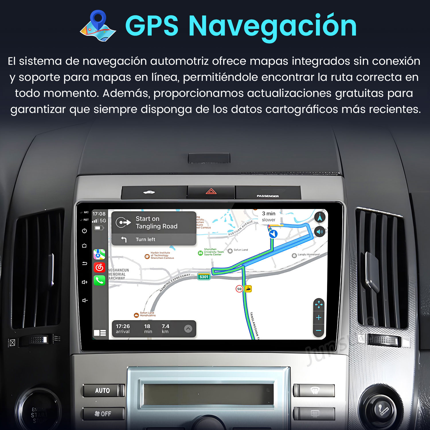 Panel de coche con navegación GPS. La pantalla del mapa muestra una ruta, tiempo y distancia con una línea azul.