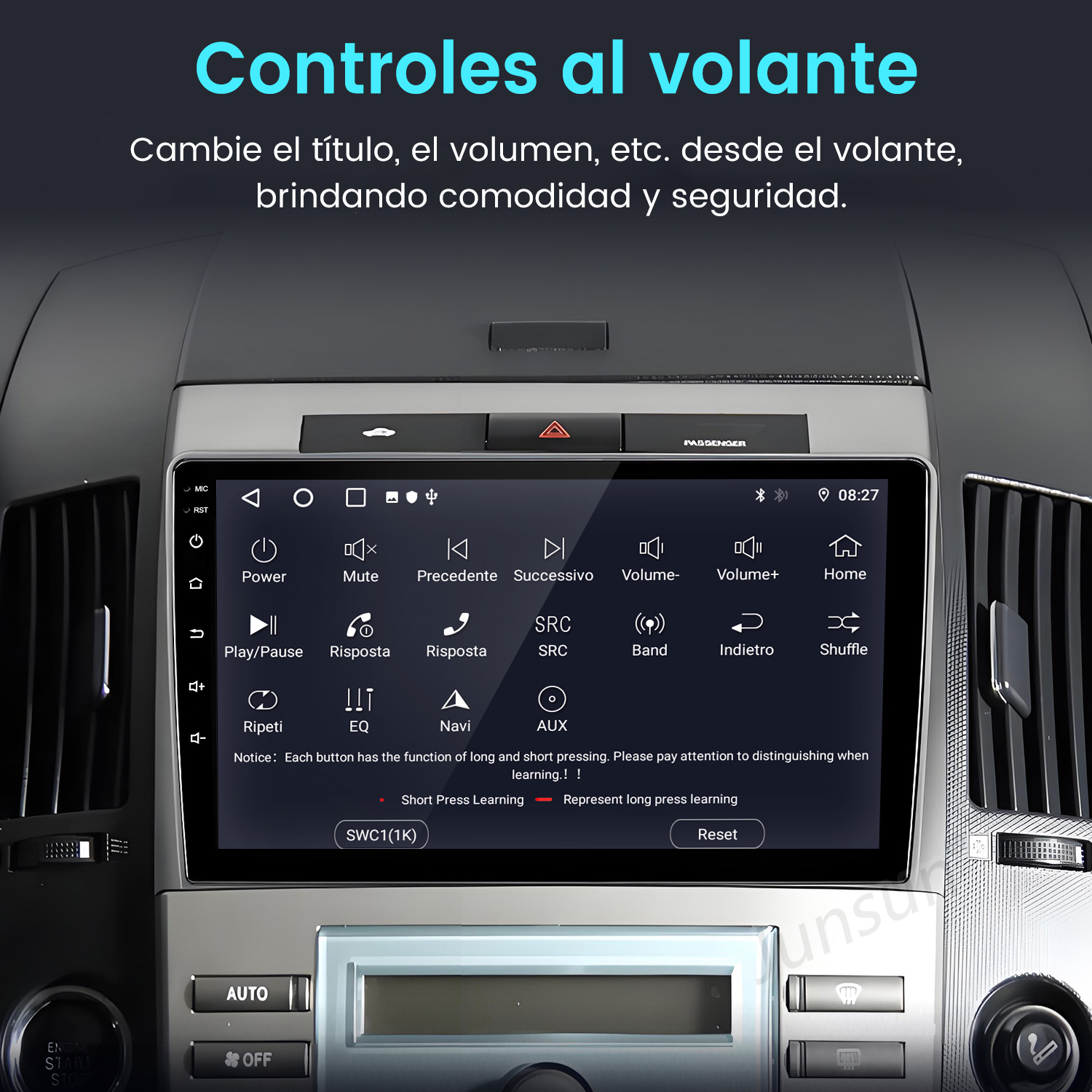 Autorradio con pantalla táctil, mostrando botones de volumen, inicio y otras funciones. Texto en español arriba.