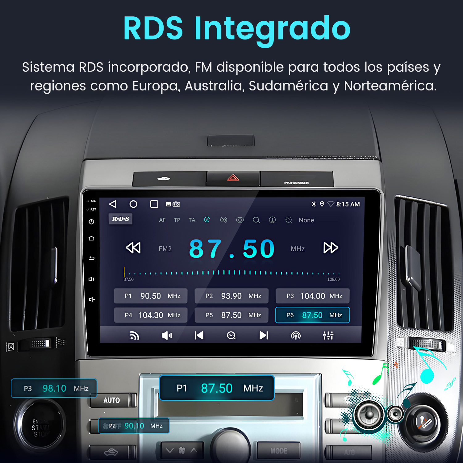 Pantalla de radio del coche mostrando 87.50 MHz, RDS integrado, FM disponible. Texto en español, con botones e interior del coche.