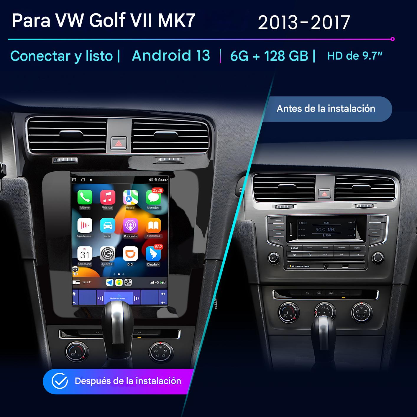 La imagen muestra el salpicadero de un coche. A la izquierda, una pantalla Android instalada. A la derecha, la radio original.