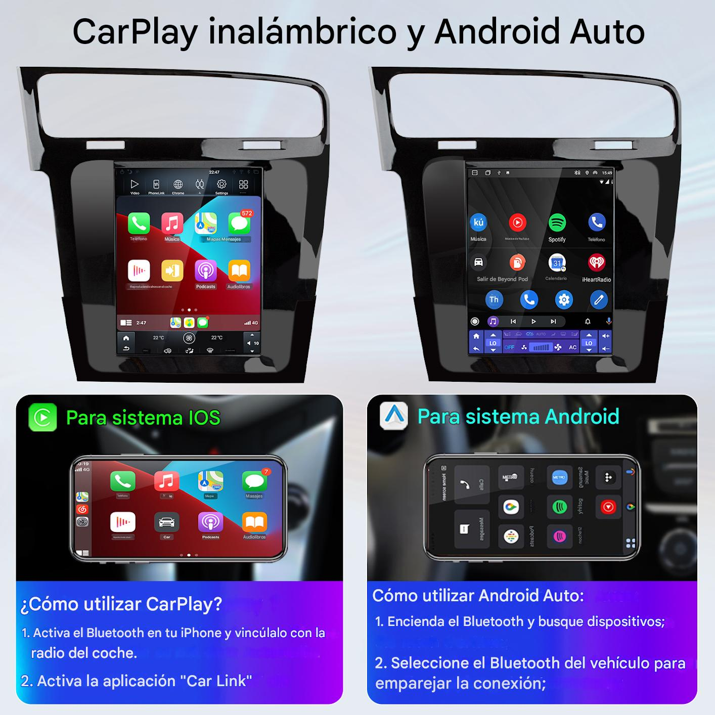 La imagen muestra dos pantallas de infoentretenimiento de automóviles con interfaces CarPlay y Android Auto, e instrucciones de uso.
