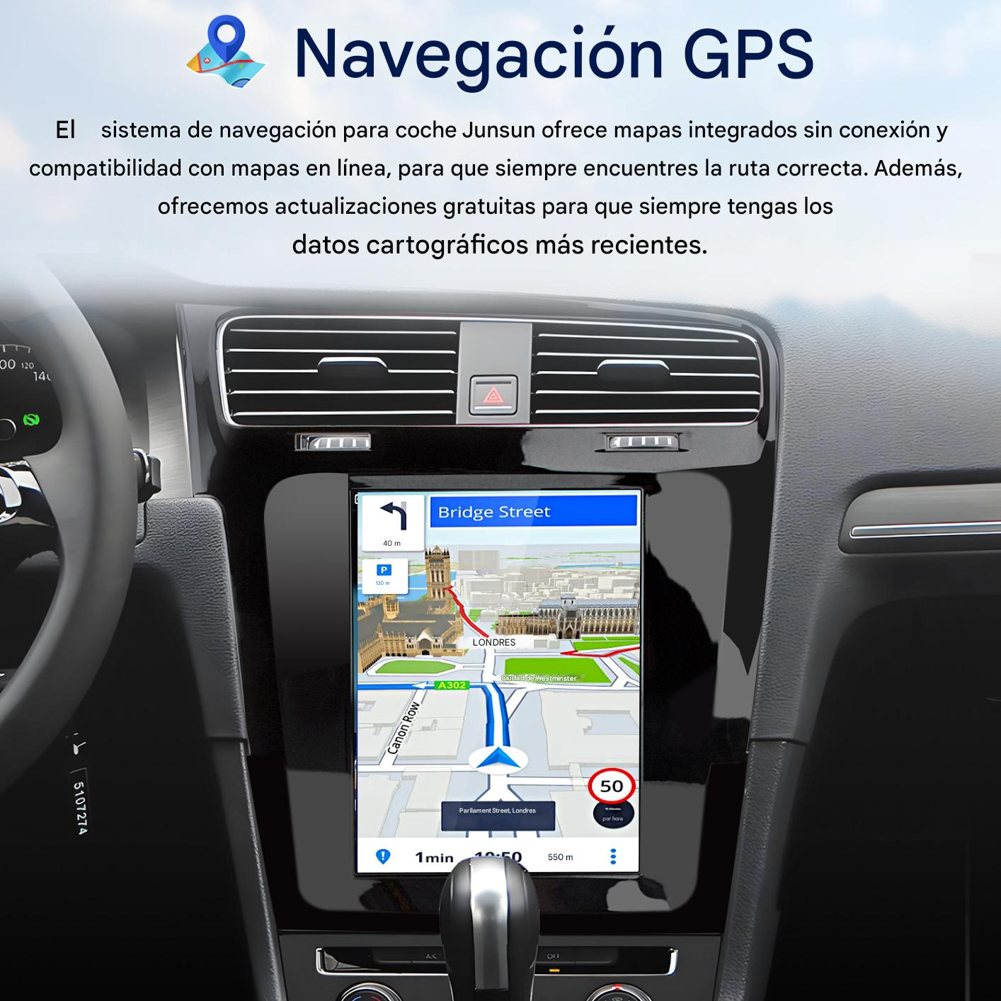 Panel del coche con navegación GPS mostrando un mapa con guía de ruta. Se ven el velocímetro y el interior del coche.
