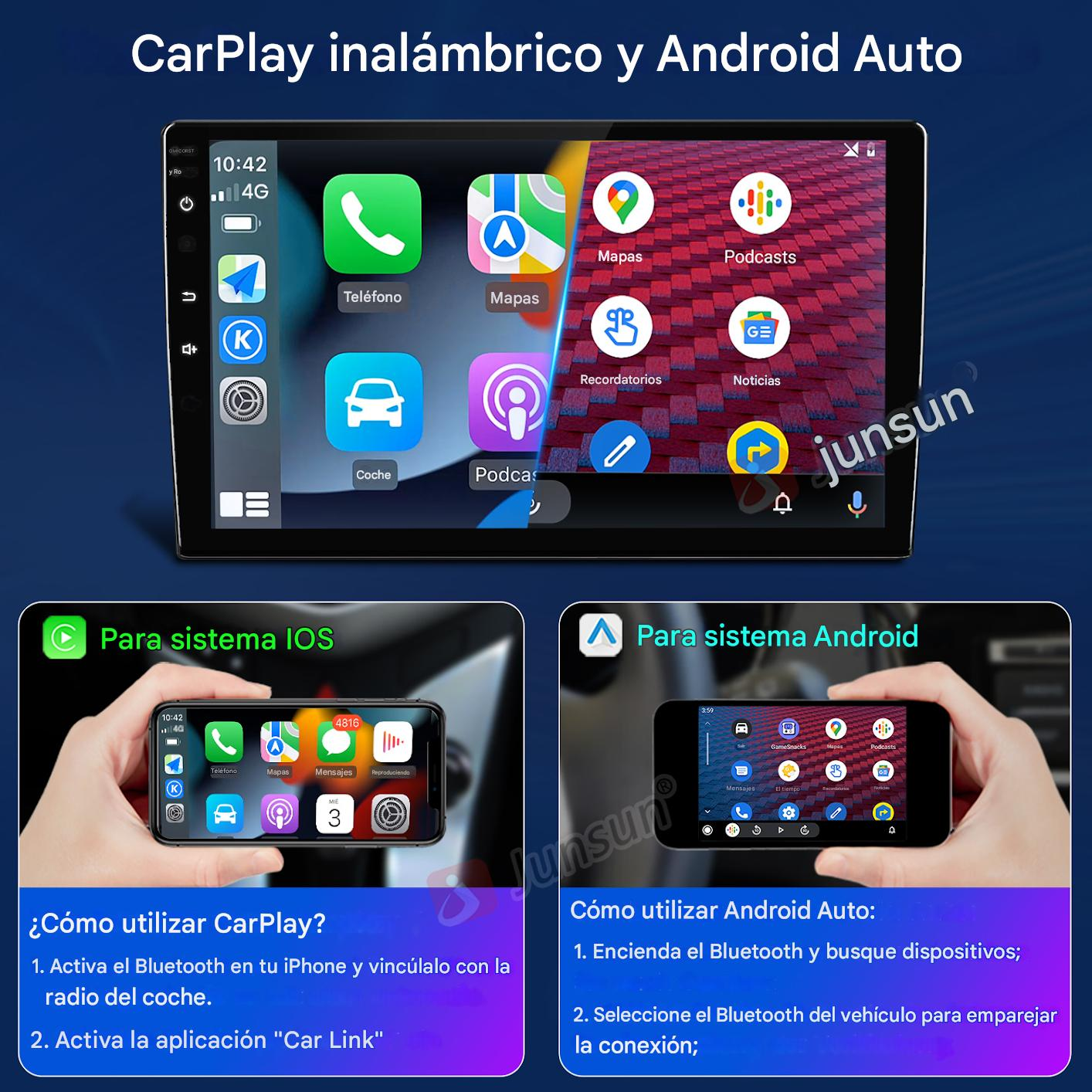 La imagen muestra el sistema de infoentretenimiento del coche con instrucciones de CarPlay y Android Auto. Incluye iconos de aplicaciones de teléfono, mapas y podcast.