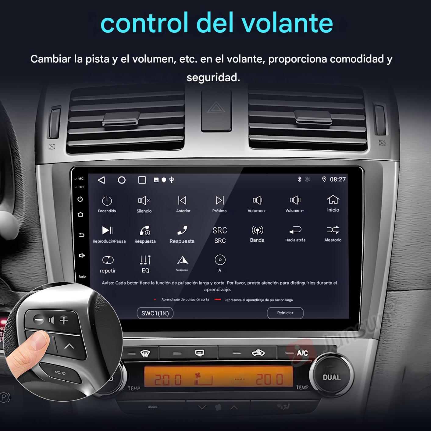 Panel del coche que muestra una pantalla y controles del volante. La pantalla muestra botones y ajustes. El volante tiene botones.