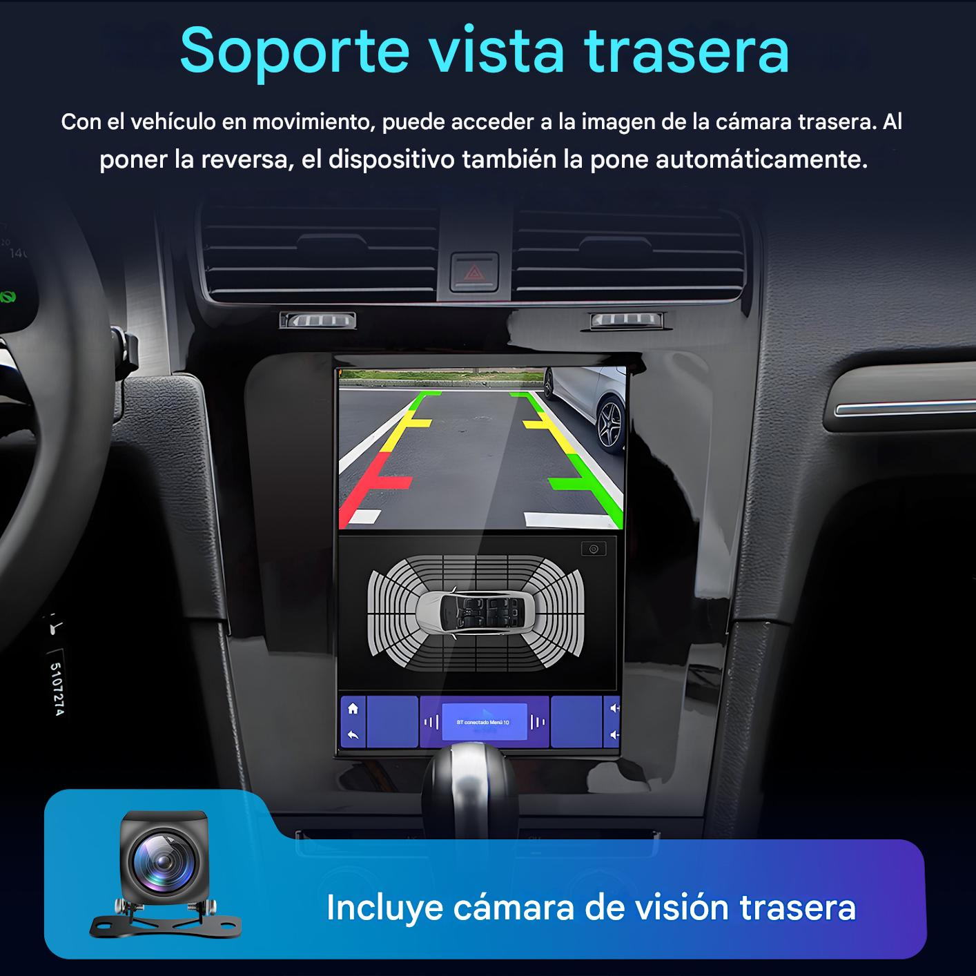 Panel del coche con pantalla que muestra la cámara trasera. Incluye icono de cámara y texto en español.