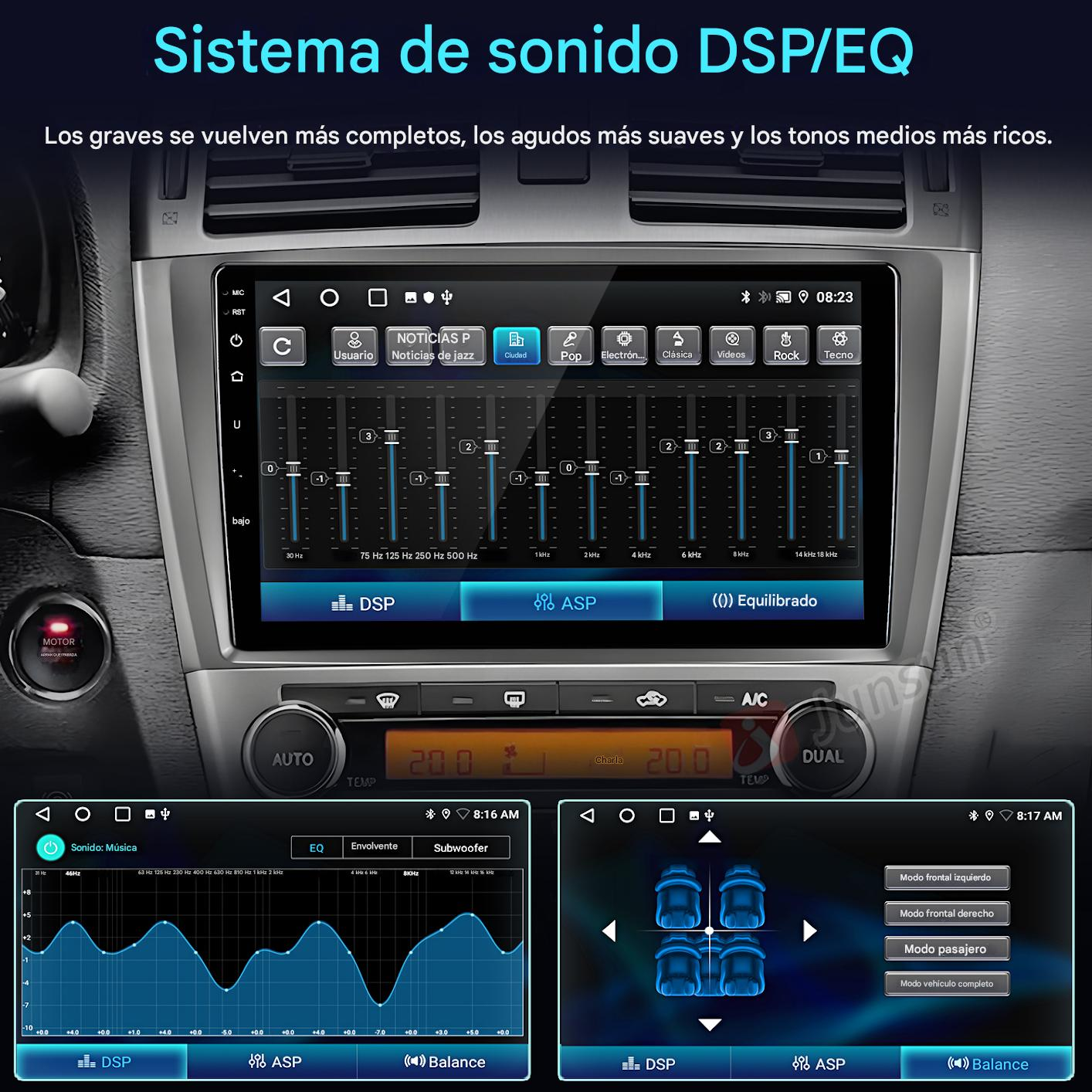 Pantalla del sistema de audio del coche con ajustes de ecualizador y varias opciones de audio. Muestra la hora, la temperatura y los ajustes de sonido.