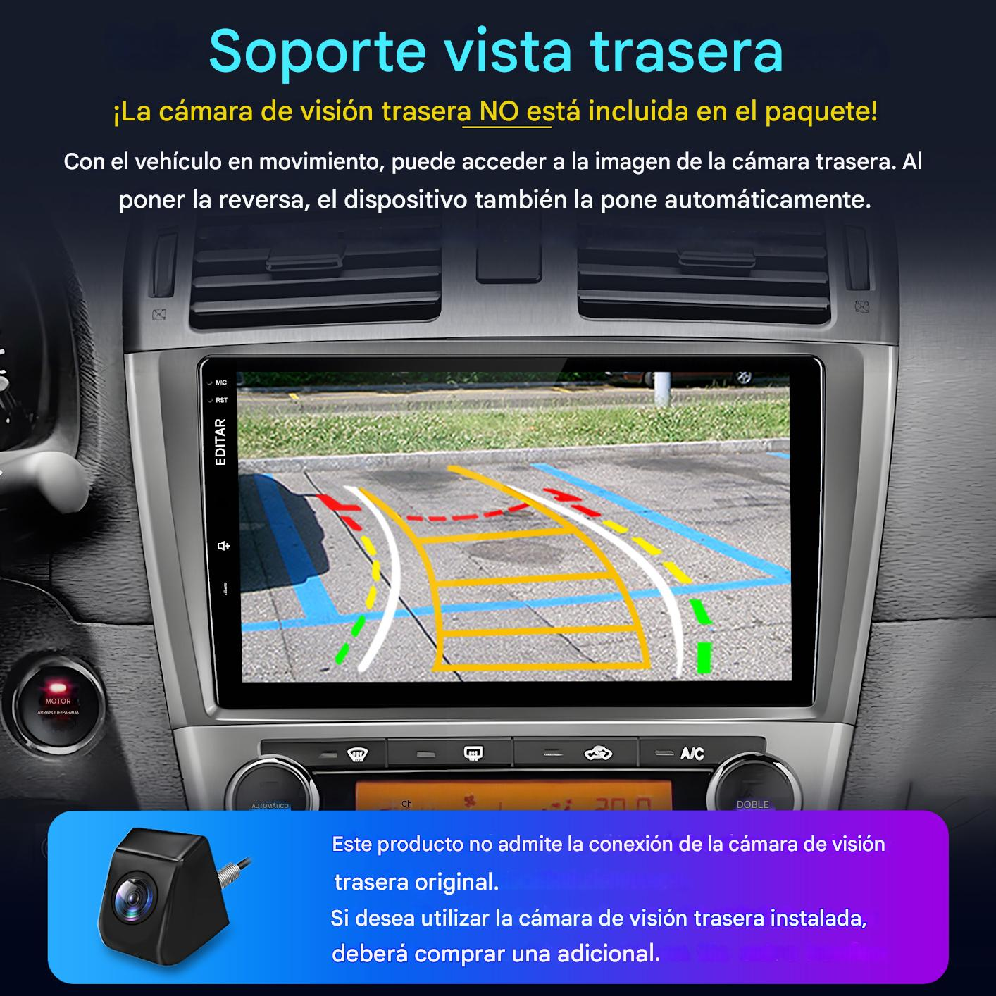 Panel del coche con pantalla que muestra la vista trasera. Incluye una cámara y texto en español sobre las funciones de la cámara.