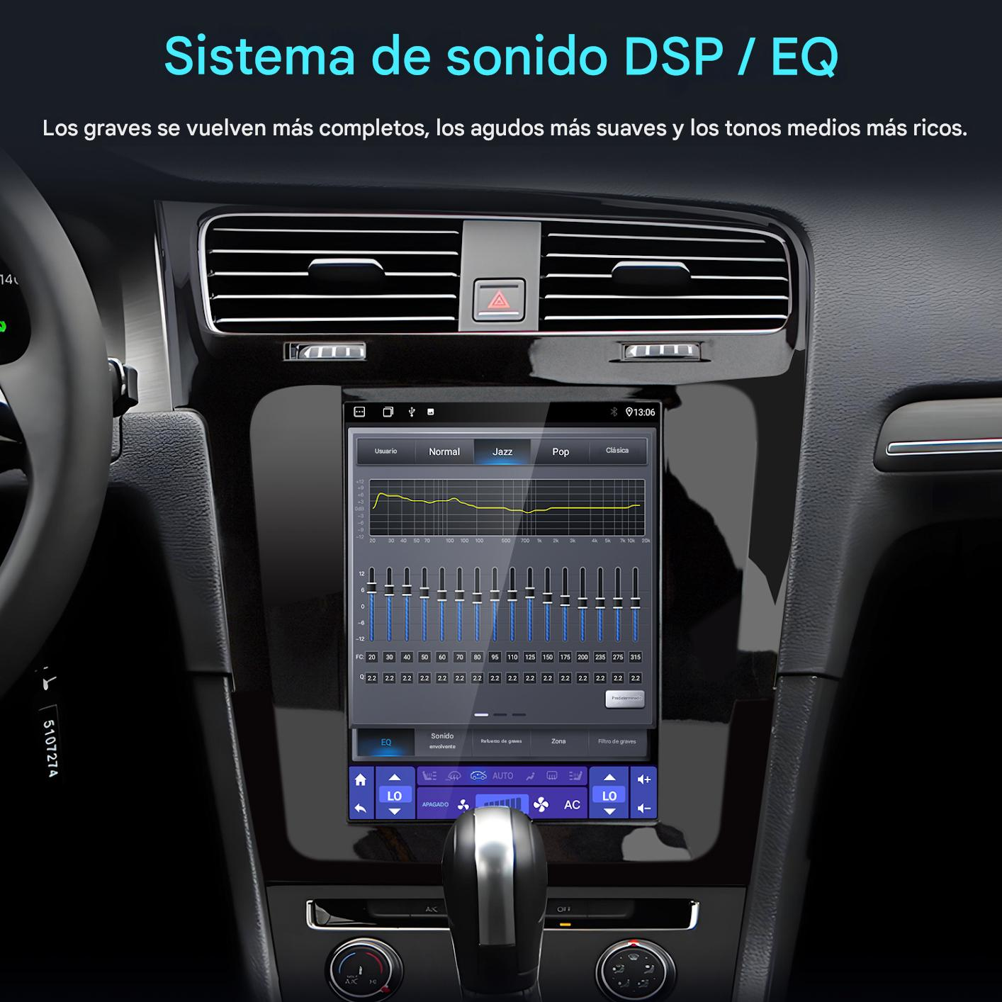 Panel de control del coche con pantalla digital que muestra una interfaz de ecualizador. Texto en español describe ajustes del sistema de sonido.