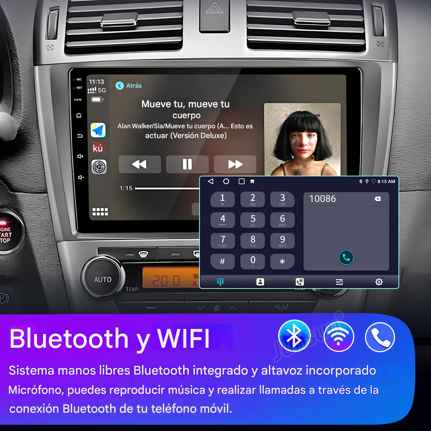 Pantalla de radio de coche con música, marcador telefónico y texto Bluetooth/WiFi. La pantalla muestra a una mujer.