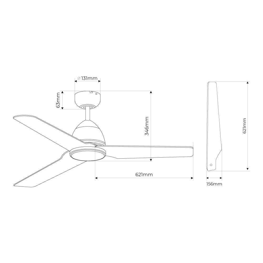 Diagrama de un ventilador de techo con dimensiones. Muestra un ventilador de 3 aspas, vista lateral de una aspa y medidas en milímetros.
