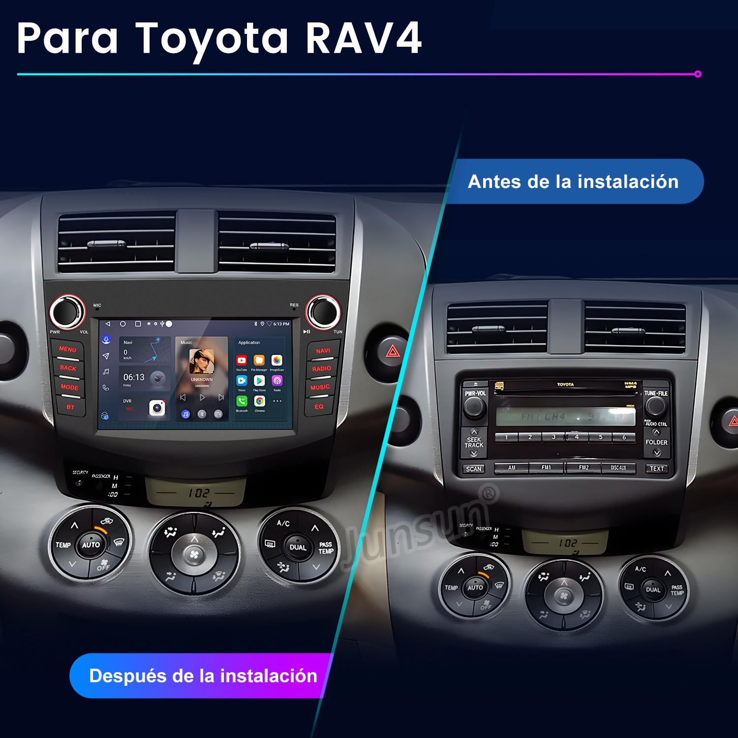 Comparación del salpicadero de un coche antes y después de la instalación, mostrando reemplazos de radio y pantalla.