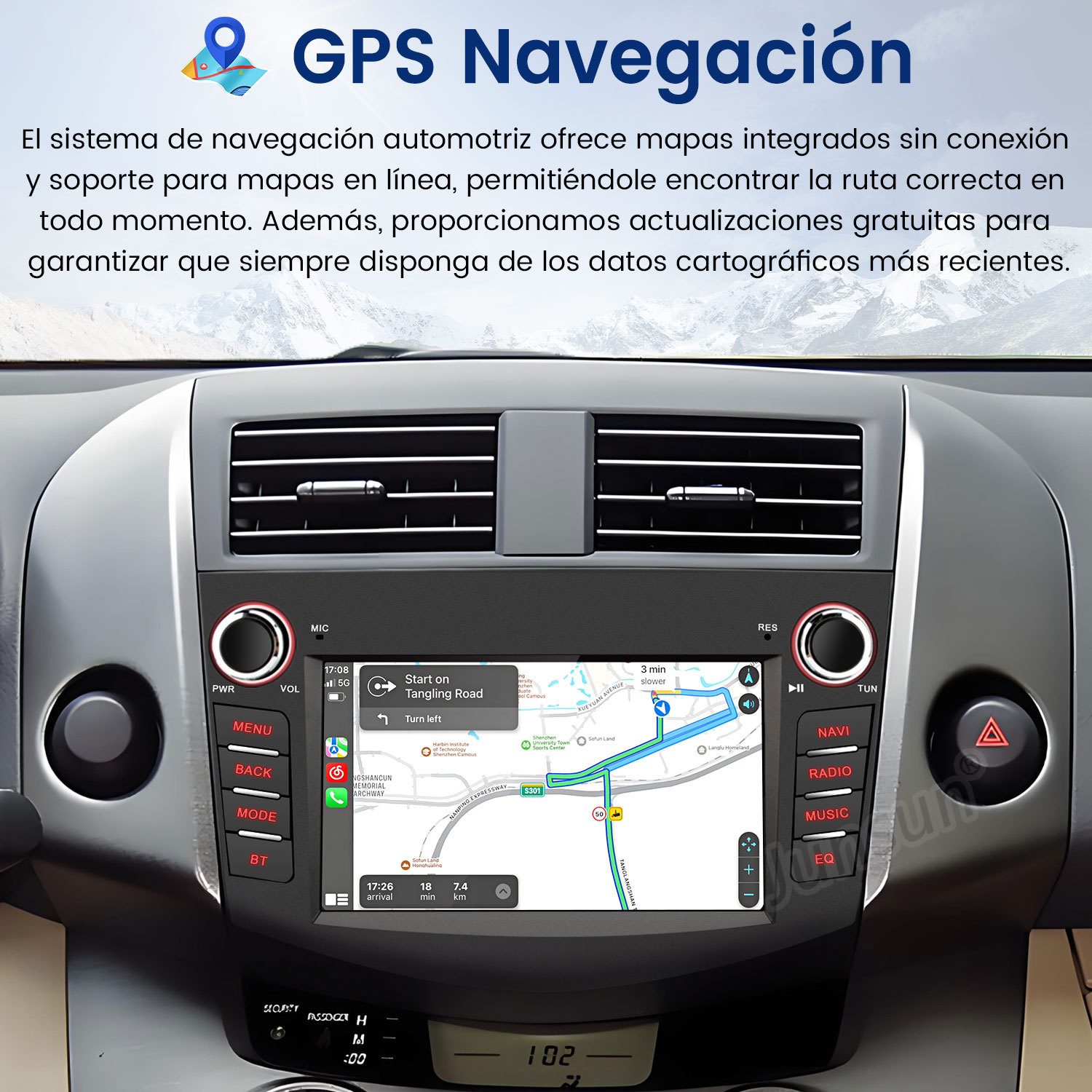 Panel de coche con sistema de navegación GPS. La pantalla muestra un mapa con indicaciones. Botones para menú, radio y otras funciones.