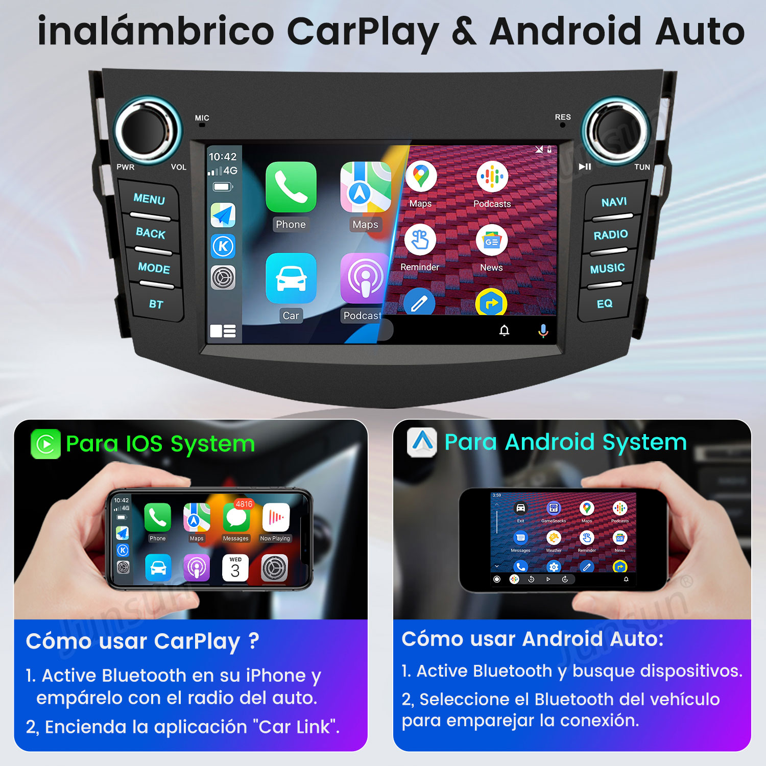 Pantalla de radio de coche con opciones CarPlay y Android Auto. Muestra iconos de teléfono, mapas y podcasts, con instrucciones.