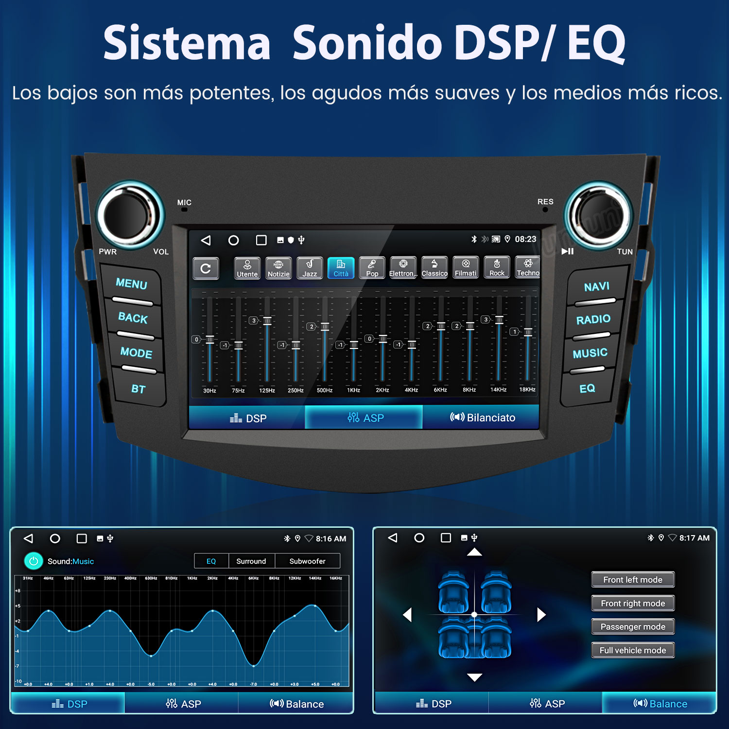 La pantalla del sistema de audio del coche muestra la configuración del ecualizador, navegación, radio y controles de música, con botones táctiles.