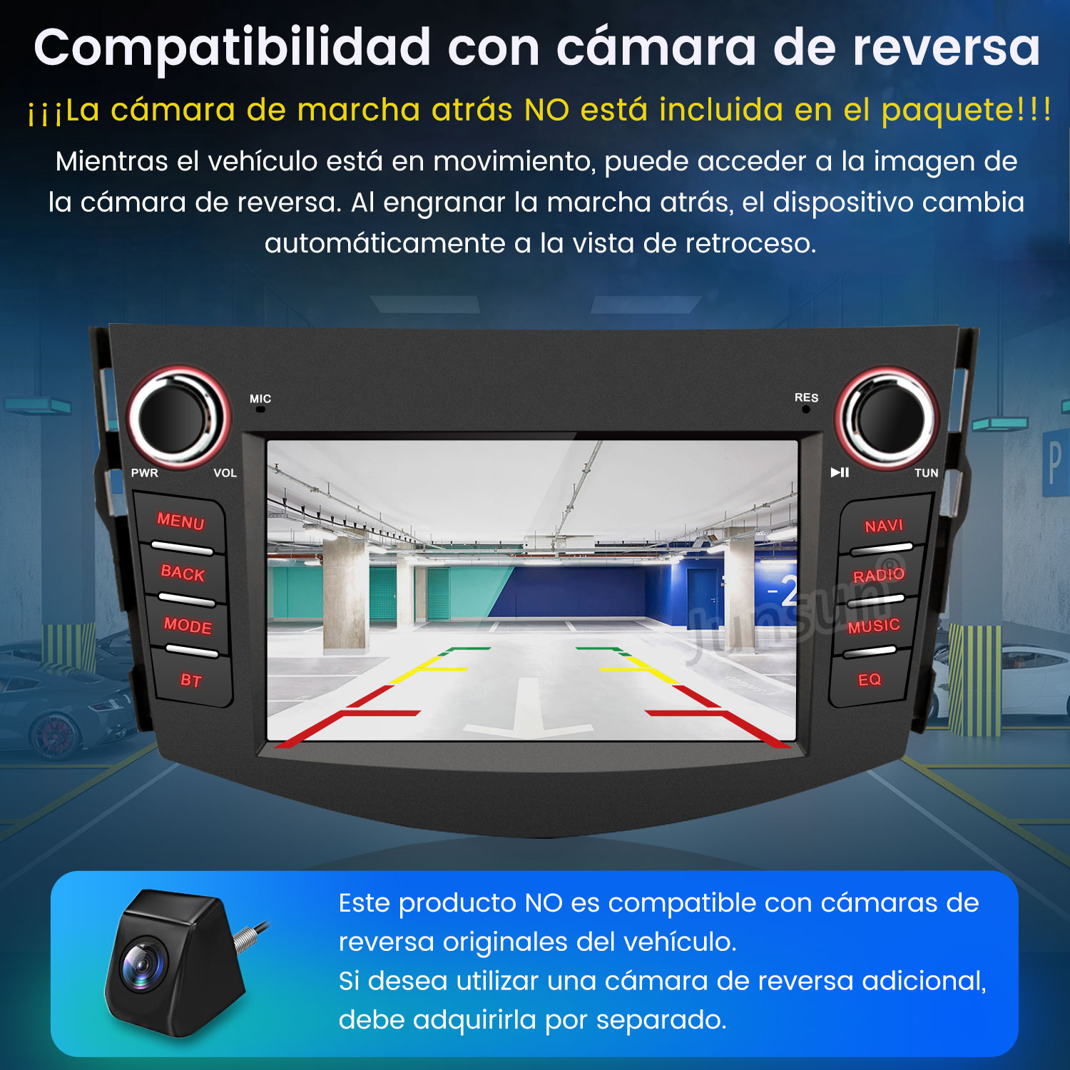 Pantalla del sistema multimedia del coche que muestra la vista de la cámara de marcha atrás. Incluye una cámara y texto en español.
