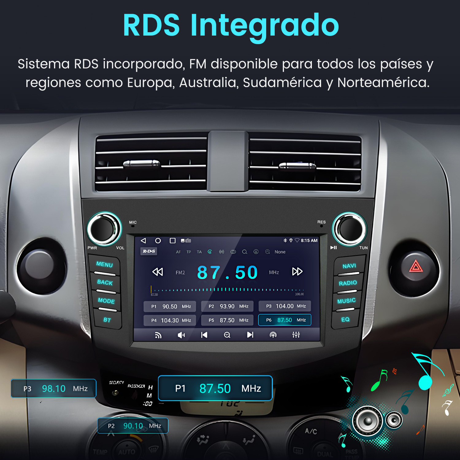 Radio de coche con pantalla FM. La pantalla muestra la frecuencia 87,50 MHz. Botones de navegación, radio, música y ecualizador visibles.