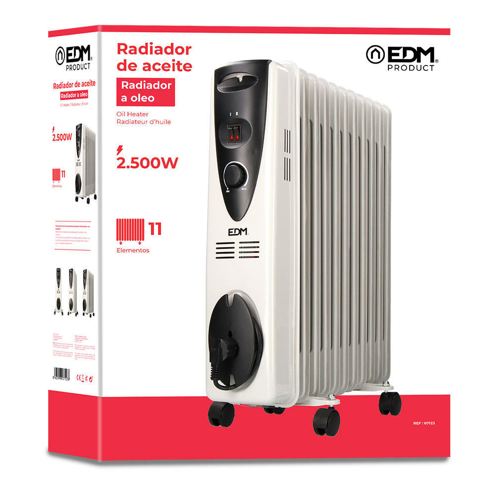 Ein Ölheizkörper mit 11 Elementen, 2500W, auf Rädern. Er hat ein schwarzes Bedienfeld und ist weiß und grau. Die Marke ist EDM.