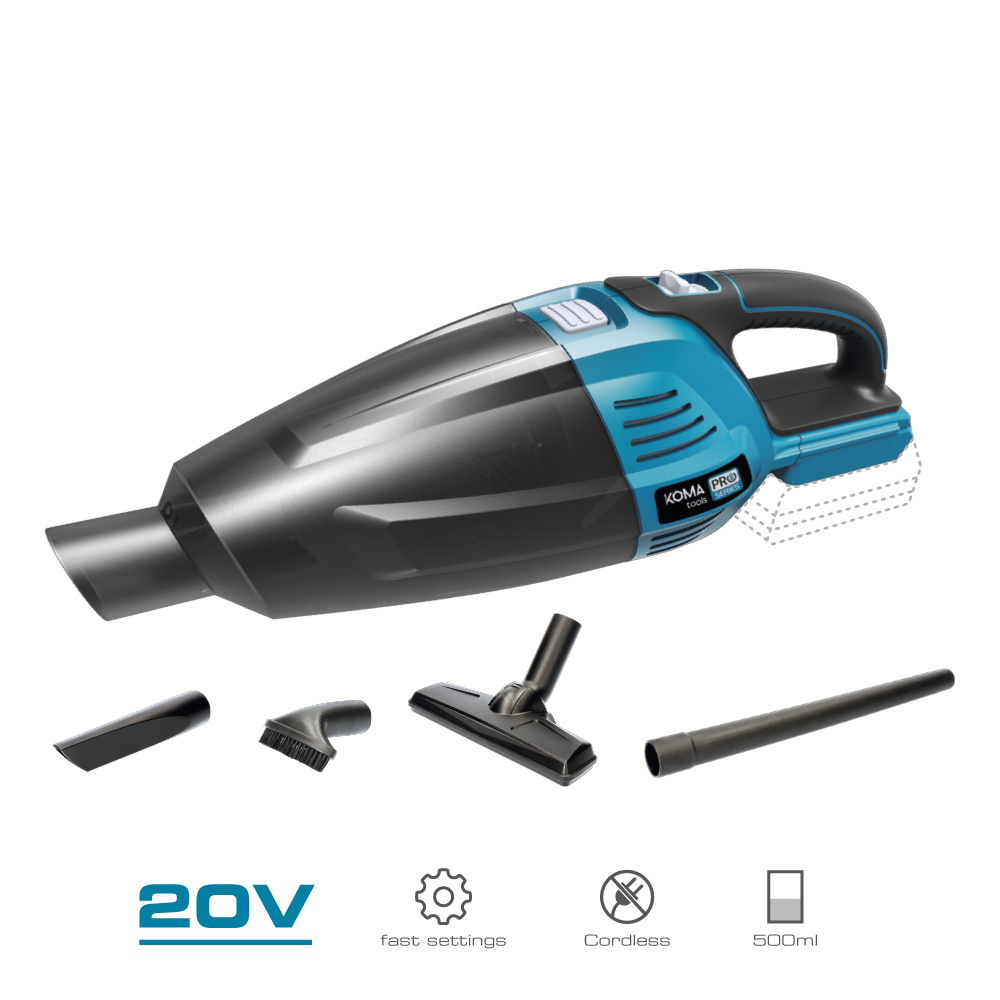 Un aspirapolvere senza fili nero e blu con accessori. Ha 20 V di potenza, impostazioni rapide e una capacità di 500 ml.