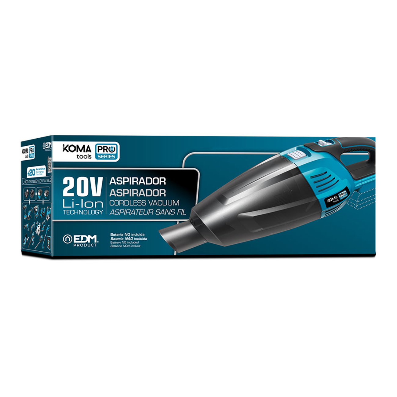Aspirapolvere senza fili in scatola. Design nero e teal. Il testo include 'Koma Pro' e '20V Li-ion'.