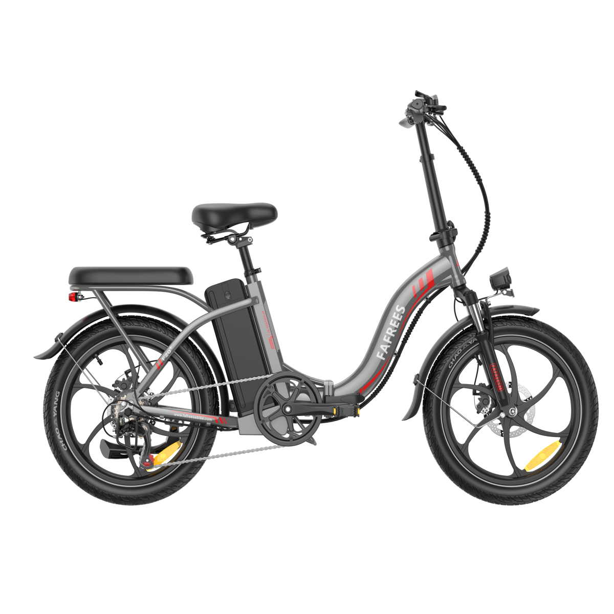 Szary składany rower elektryczny FAFFREES. Czarne opony i siedzenie. Czerwone akcenty na ramie. Czarne tło.