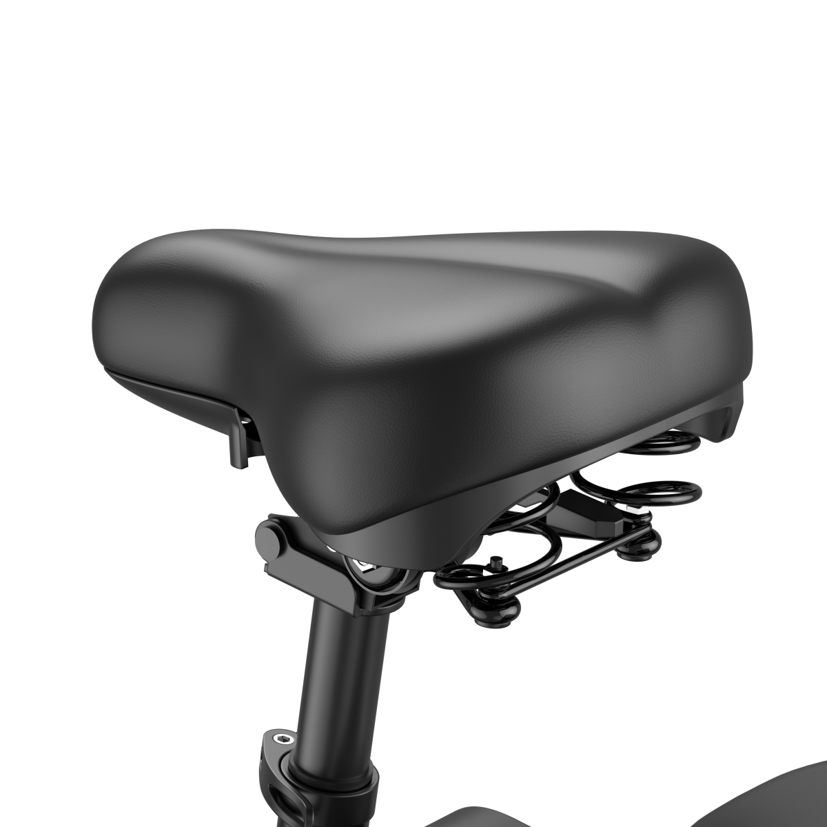 Zbliżenie czarnego siodełka rowerowego. Siodło jest wyściełane i podparte sprężynami. Sztyca siodełka jest czarna.