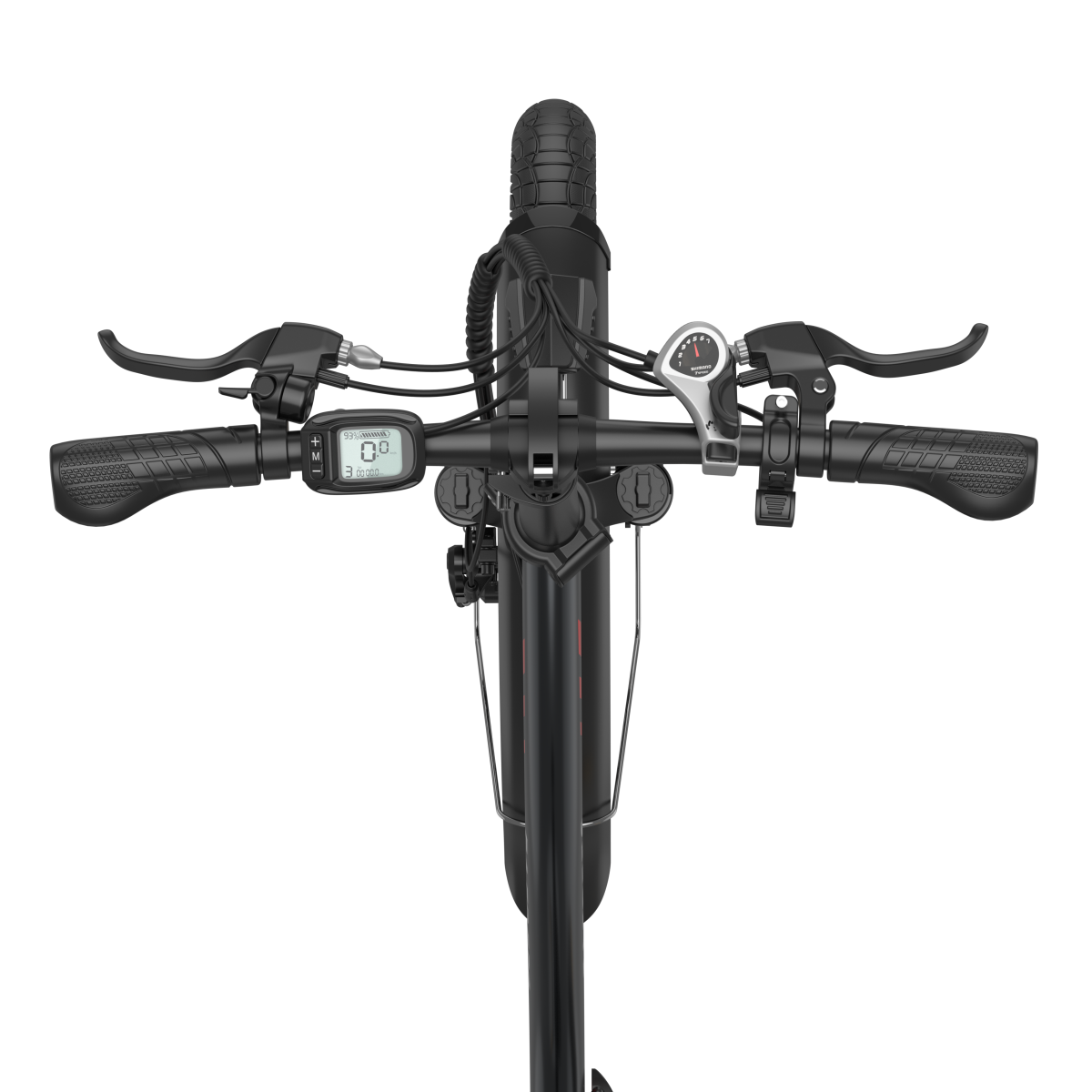 Czarna kierownica hulajnogi elektrycznej z dźwigniami hamulca, wyświetlaczem i pokrętłem prędkości. Czarne tło.